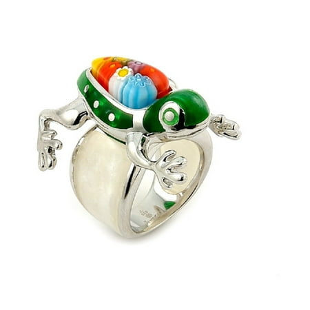 Animal Green Ring - Green And White Millacreli Frog Animal Ring Sterling Silver Size 6