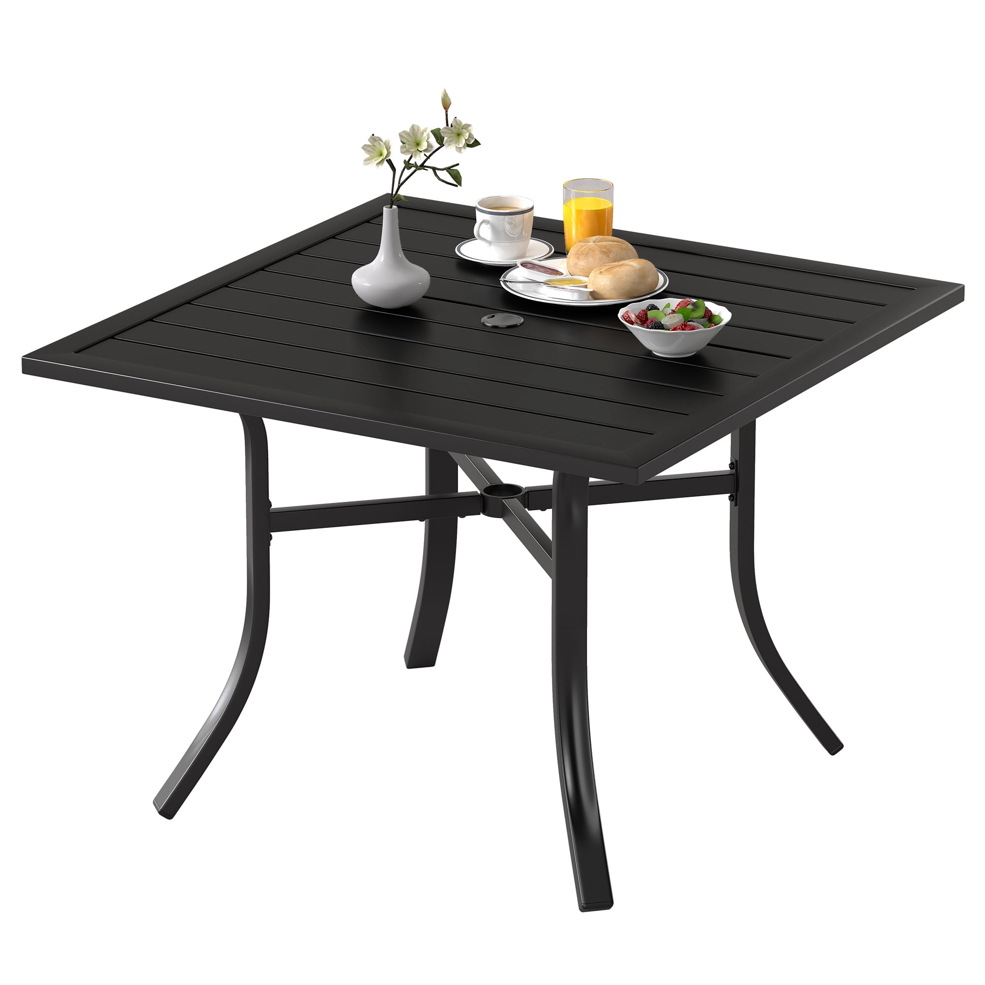 Uforic Square Metal Outdoor Dining Table 37 Inch, E-Coating Patio Table with Umbrella Hole for Backyard, Garden and Lawn, Black