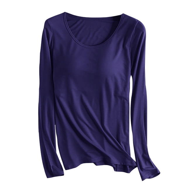 cfhntfmh Hauts de Pyjama Basiques à Manches Longues pour Femmes avec Soutien-Gorge Intégré, Encolure Dégagée, Confortables, Coupe Ajustée, Extensibles, Haut de Pyjama, Mode d'Automne, Loungewear Doux (Marine, 4X-Grand)
