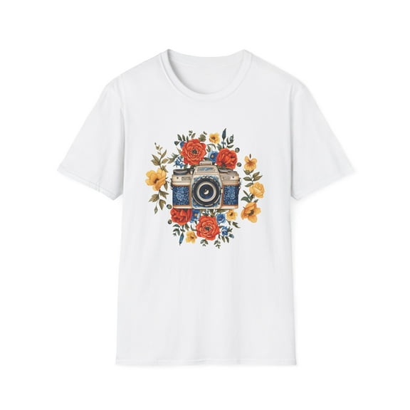 Retro Bloom: Classic Camera & Floral Fusion Tee - Unisex Softstyle T-Shirt