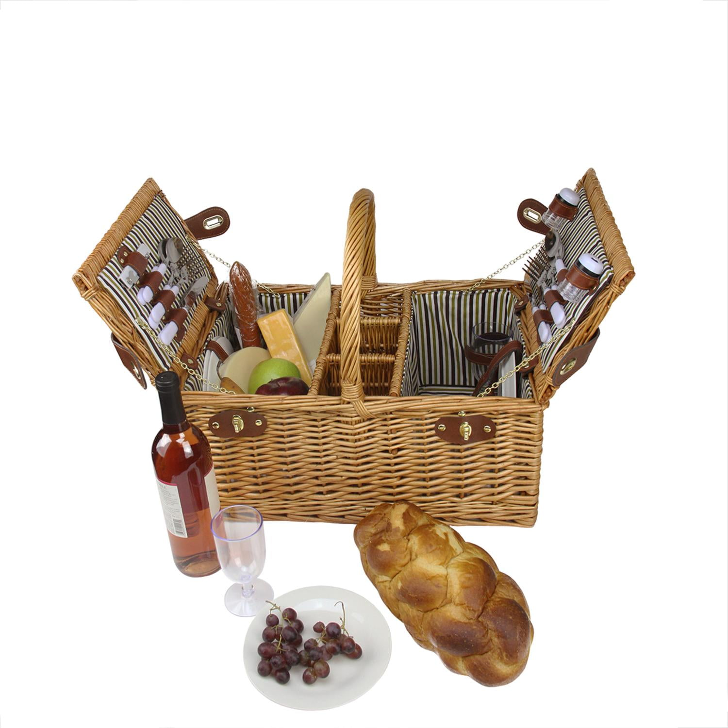 4Person Hand Woven Honey Willow Striped Picnic Basket Set with