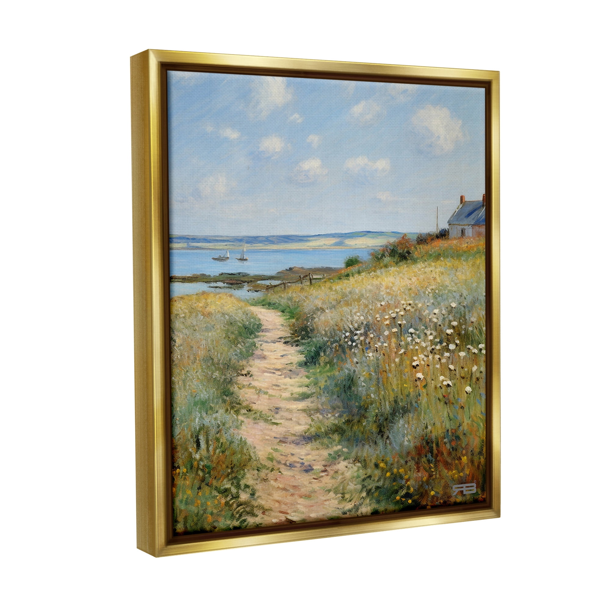 Stupell Industries Coastal Meadow Path Landscape Painting Gold Floater Framed Canvas Art Print Wall Art, 25 x 31