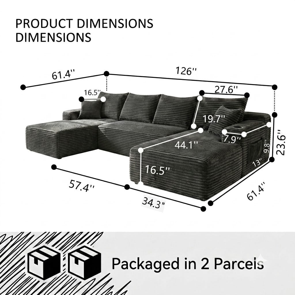 126" Oversized U Shaped Modular Sectional Sofa, Deep Seat Cloud Couch, Boneless Corduroy Compression Sofa, No Assembly, Modern Couch for Living Room, Grey