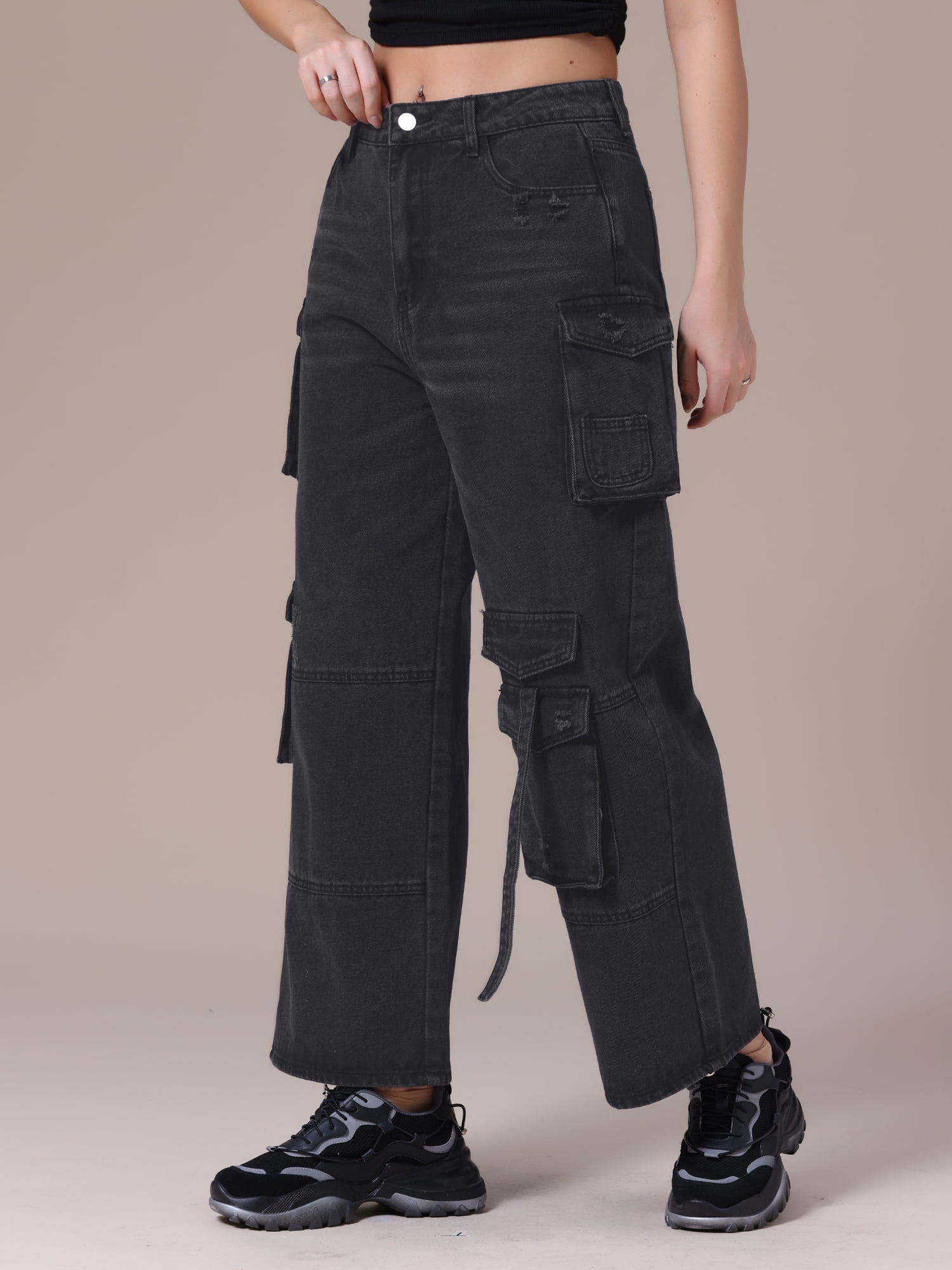 DARING DIVA Women's Cargo Jeans Straight High Waist Baggy Denim Pants XL Black