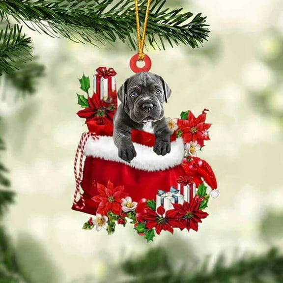 Acrylic 2D FLAT - Cane Corso In Gift Bag Christmas Ornament - Holiday Tree Decoration