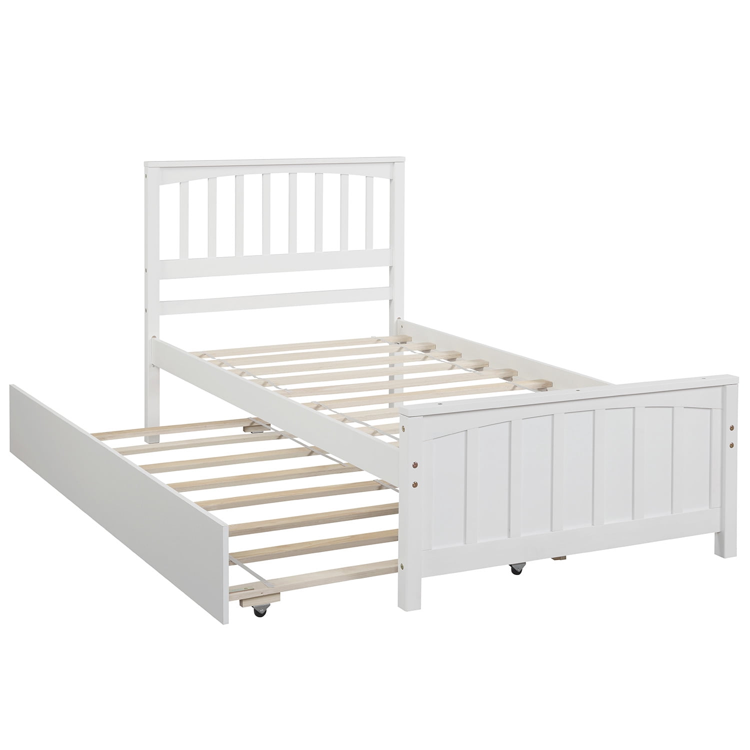 Gewnee Wood Twin Size Platform Bed with Trundle and Headboard for Kids,White