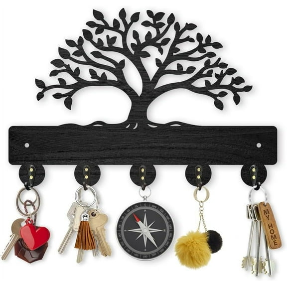 Tree of Life Coat Rack Wall Mount 11.8×7.9inch Lush Tree Key Holder for Wall Decorative Wood Black Key Rack Hanger 5 Alloy Hooks