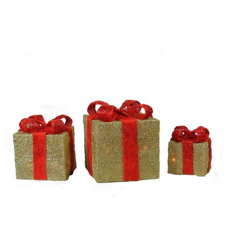 Set Of 3 Lighted Sparkling Gold Sisal Gift Boxes Christmas Outdoor Decorations | Walmart Canada