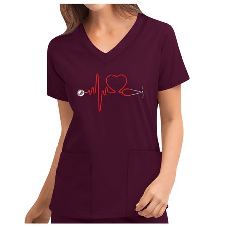 

EINCcm Women Scrub Tops Print Scrub Tops Women Short Sleeve V-neck Tops Nursing Working Uniform T-shirts Red L