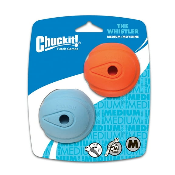 Chuckit! Whistler Dog Ball Rubber Fetch Toy For Dogs, Whistles, Medium 2.5", For Dogs 20 to 60 lb, Pack of 2, Assorted Colors