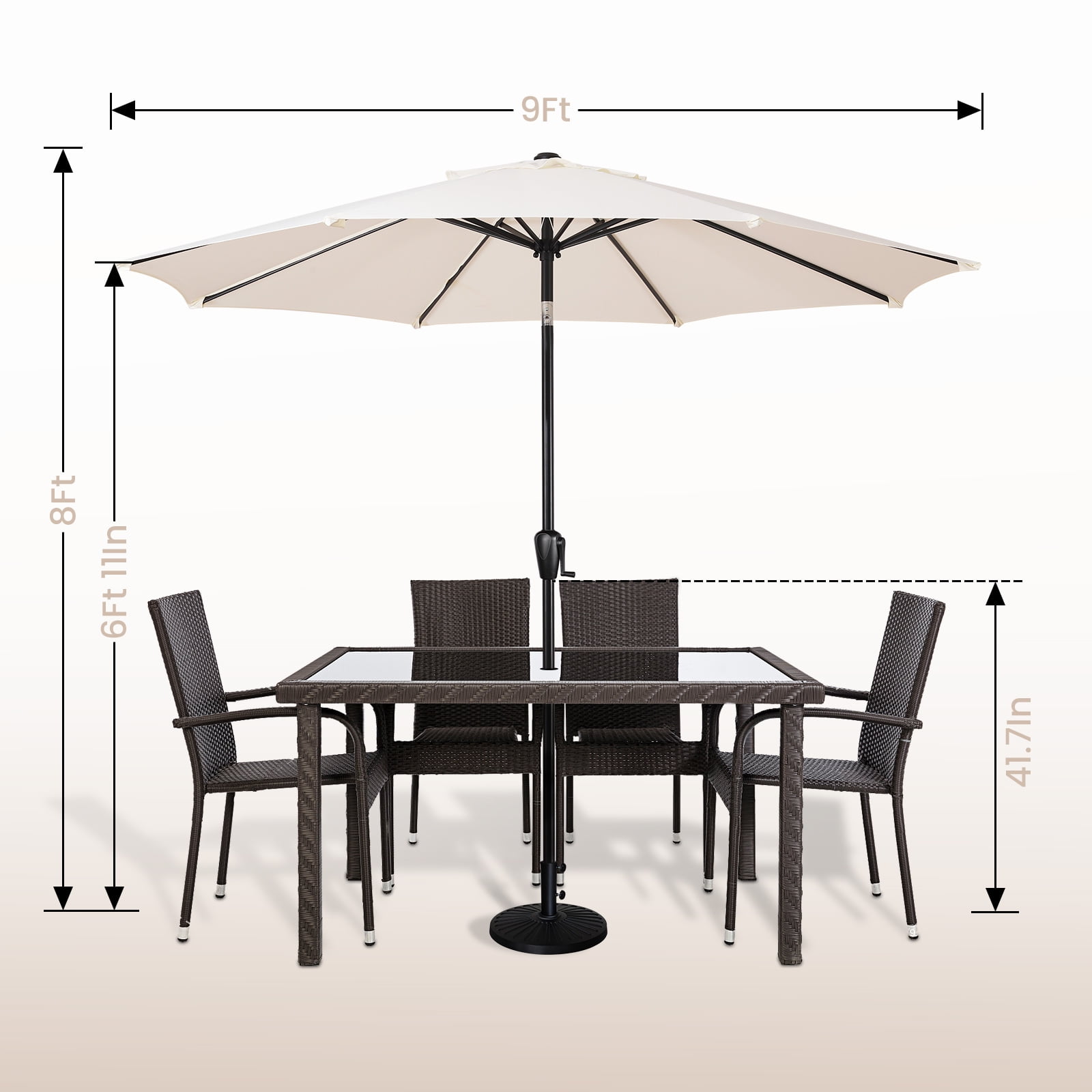 Sun-Ray 9 FT Patio Umbrella w/ Push Button Tilt and Crank Outdoor Umbrella, 8 Sturdy Ribs, UV Protection, Solution-Dyed Fabric, Creamy Beige