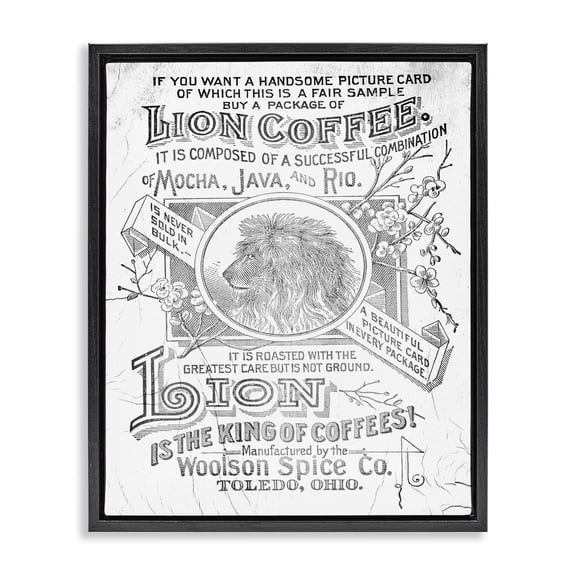 Stupell Industries Traditional Vintage Lion Coffee Poster Black Floating Frame Canvas Art, 25 x 31, by Lil' Rue
