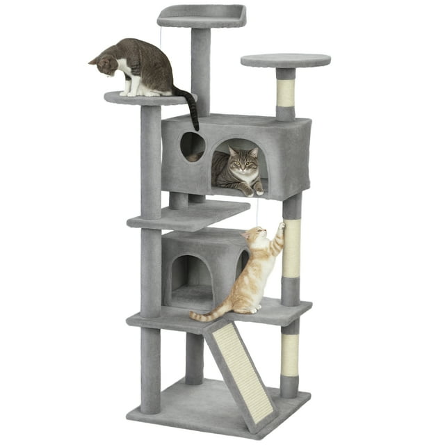 PawHut 54" Cat Tree Tower with Scratching Posts, Cat Condos, Light Grey