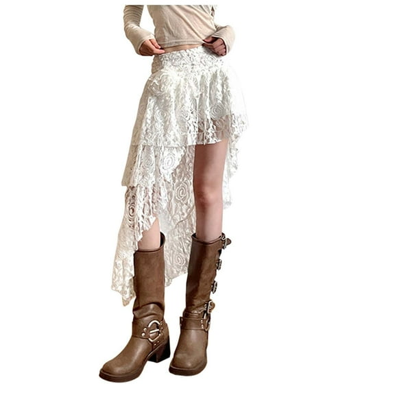 Riforla Ladies Fashion Casual Design Sense Rose Flowers Decorated Asymmetrical Lace Lightweight Skirt Skirts for Women Trendy White S