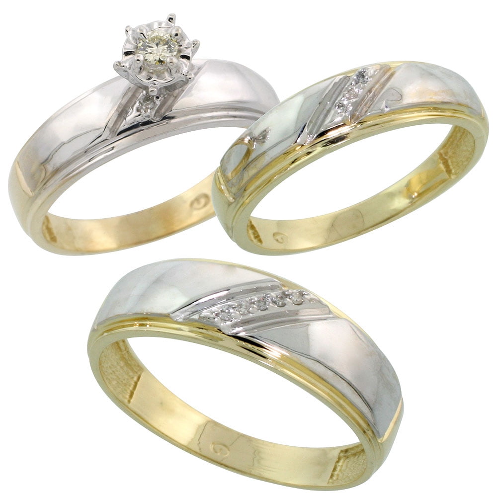 Gold Plated Sterling Silver Diamond Trio Wedding Ring Set His 7mm Gold Plated Sterling Silver Diamond Trio Wedding Ring Set His 7mm Hers 5 5mm Mens Size 8 To 14