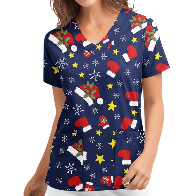 Puntoco Blusa de manga corta con cuello en V para mujer, uniforme con bolsillos estampados de Navidad Puntoco Puntoco-7169