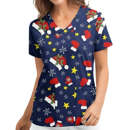 

Danhjin Womens Nursing Scrub Tops Printed Working Uniform Short Sleeve V-Neck Workwear Blouse T-shirt with Pockets Christmas Scrubs - Summer Savings Clearance