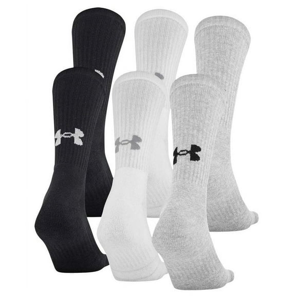 Under Armour Adult Training Cotton Crew Socks, 6-Pairs, Black/White/Grey 2, Shoe Size: Mens 9-12.5, Womens 11-13
