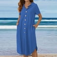 thumbnail image 2 of Robes Décontractées pour Femmes, Couleur Unie, Boutonnée, Col en V, Col à Revers, Robe Midi, Manches Longues/courtes, Robe Chemise avec Poches, 2 of 7