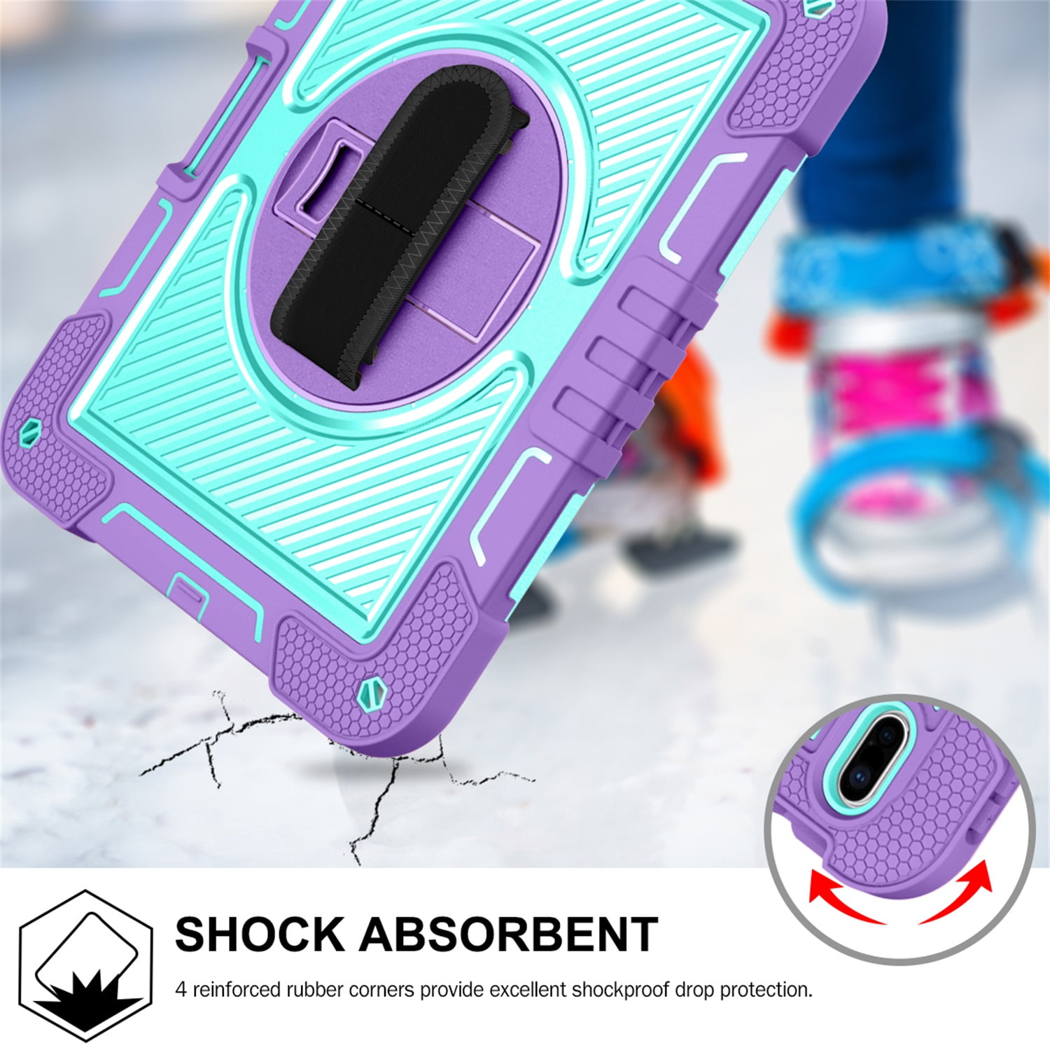 Tarise Case for Apple iPad 10th Generation 10.9" (2022), 360° Rotating Kickstand with Pencil Holder/Hand Strap/Shoulder Strap Hard PC Rugged Silicone Shockproof Bumper Stand Cover,Purple + Mint Green