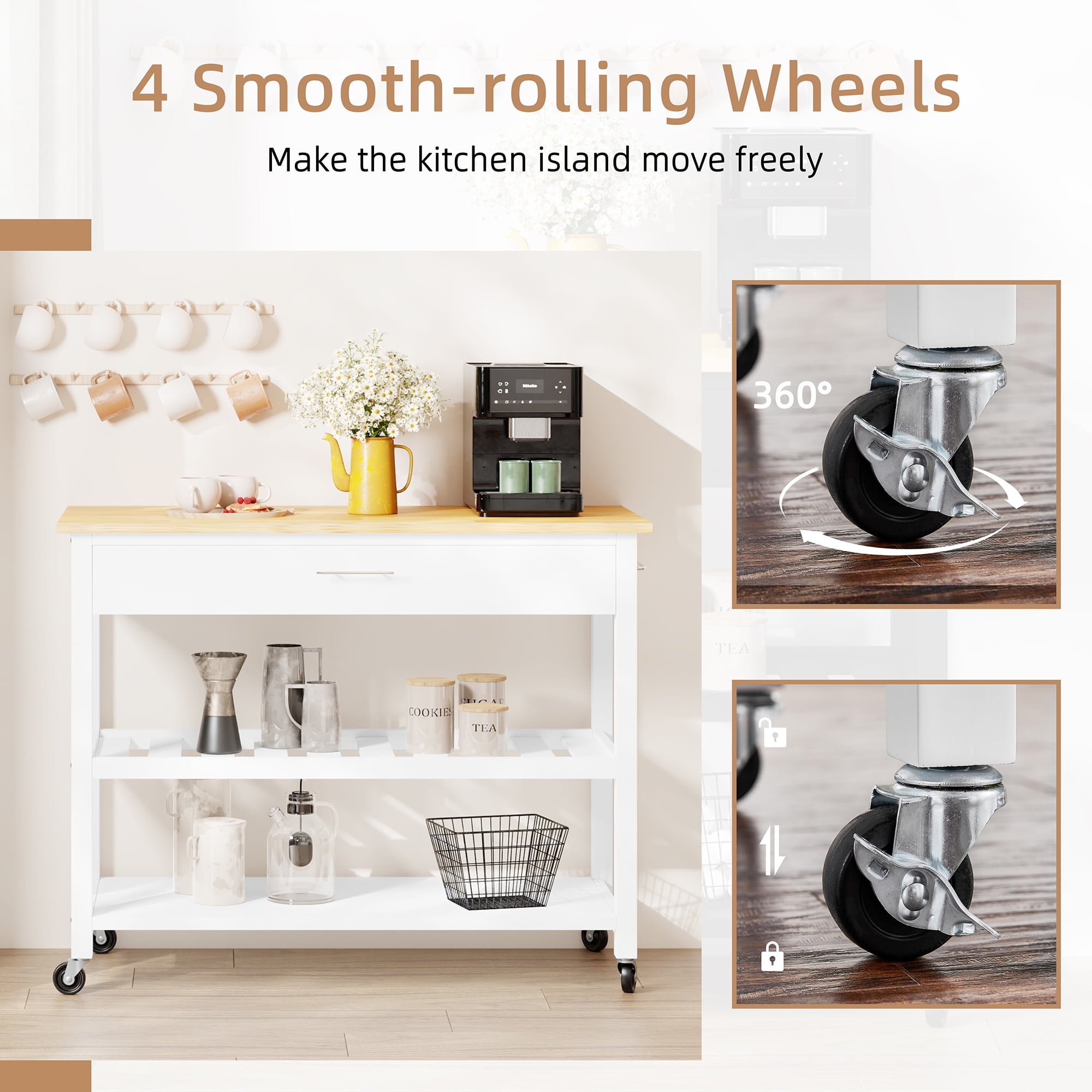 Kitchen Island Cart with Storage,Rolling Kitchen Island Side Table on Wheels with Large Worktop,Storage Cabinet,Towel Rack,Drawers and Open Shelves for Kitchen,Dinning Room,White