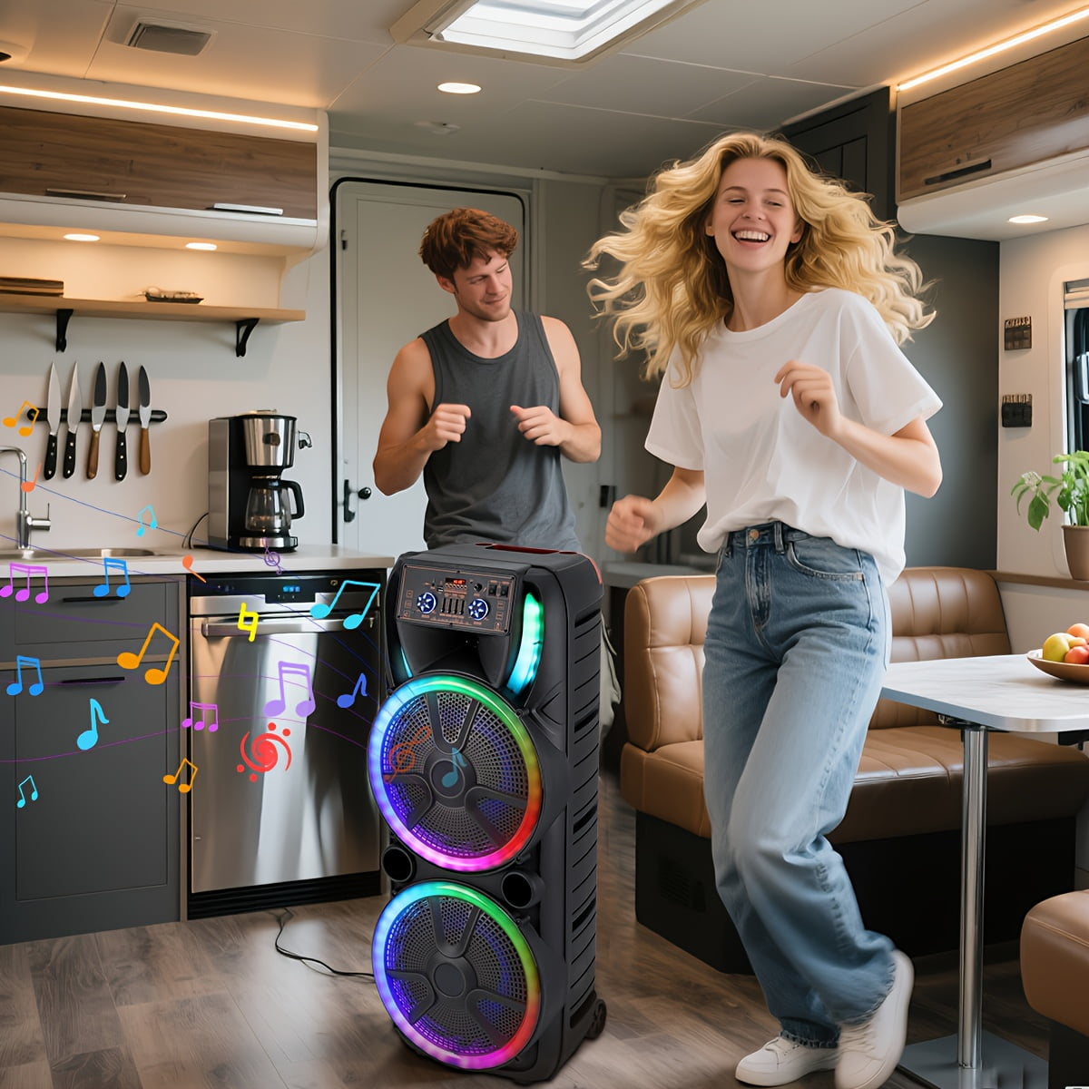RIDWIND Dual 15-Inch Karaoke Party Speaker System with Wireless Bluetooth, 2 Microphones, LED Light Show, Portable Loud Speaker with Remote & Rechargeable Battery
