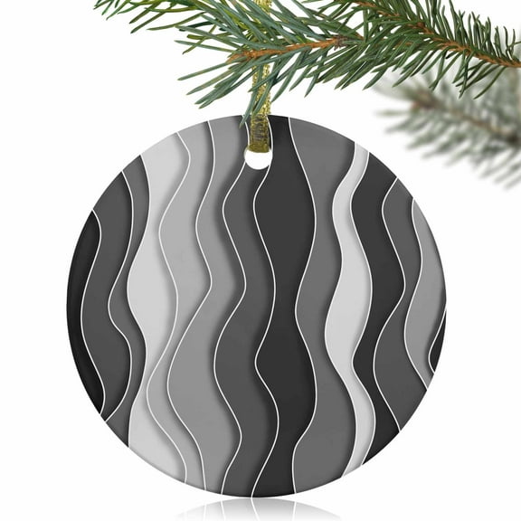 Gray Gradient Stripe Abstract Geometric Christmas Ceramic Ornament 2025,3" Round Xmas Tree Hanging Accessories with Gold Ribbon