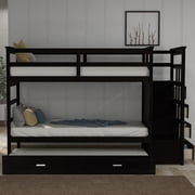 Harper & Bright Designs Twin Over Twin Bunk Bed with Trundle and Stairs, Wood Kids Bunk Beds with Storage Drawers and Guardrail for Teens Adults, Espresso