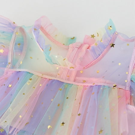 

kpoplk Baby Girl Dresses Toddler Girls Fly Sleeve Rainbow Star Sequins Prints Tulle Princess Dress Dance Party Toddler Dresses(Pink)