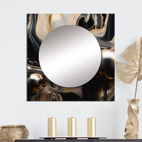 Designart "Journey Through Marble Gold and Black III" Abstract Marble Square Mirror For Wall Decor - Large Gold Square Mirror Printed Wall Decor - Modern Square Living Room Mirror