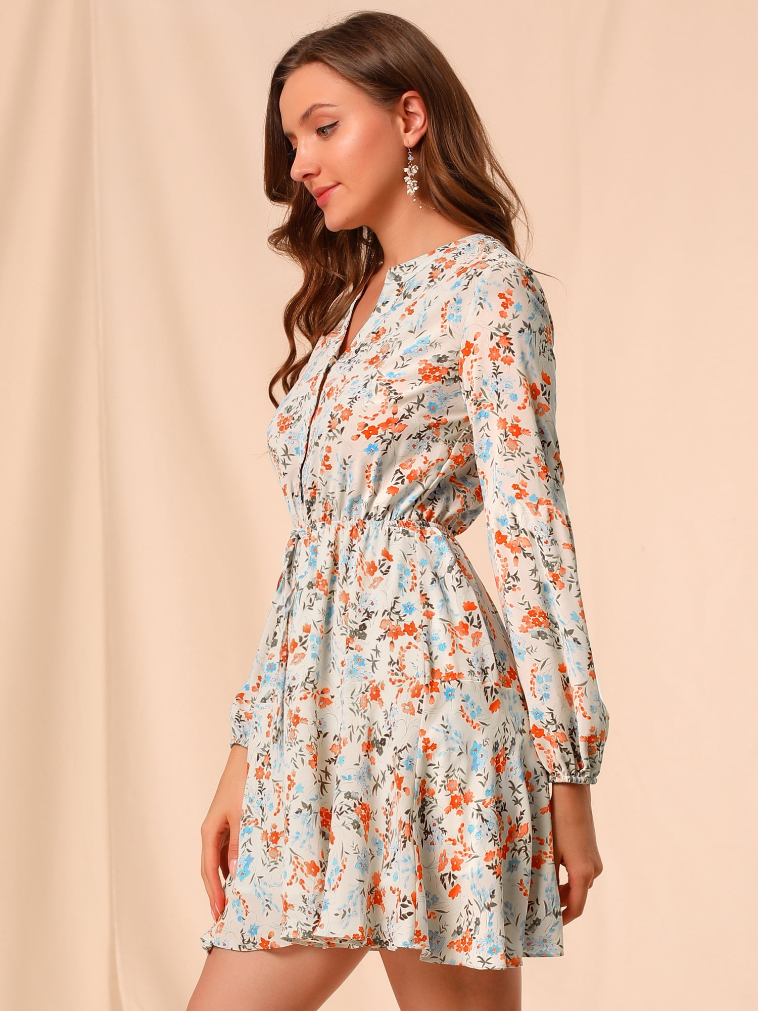 DARING DIVA V Neck Floral Print Elastic Waist Button Down Mini Dress M Beige