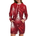 thumbnail image 2 of Women's Long Sleeve Hooded Sweatshirt Dress with Snowflake Christmas Tree Print, Ugly Christmas Sweater Women Style, Cozy Fall and Winter Dress with Pockets for Holiday,Red,2XL, 2 of 7