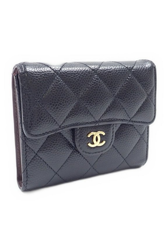 Pre-Owned Chanel Tri-fold Wallet Classic Small Flap Women's Black Caviar Leather A4045523