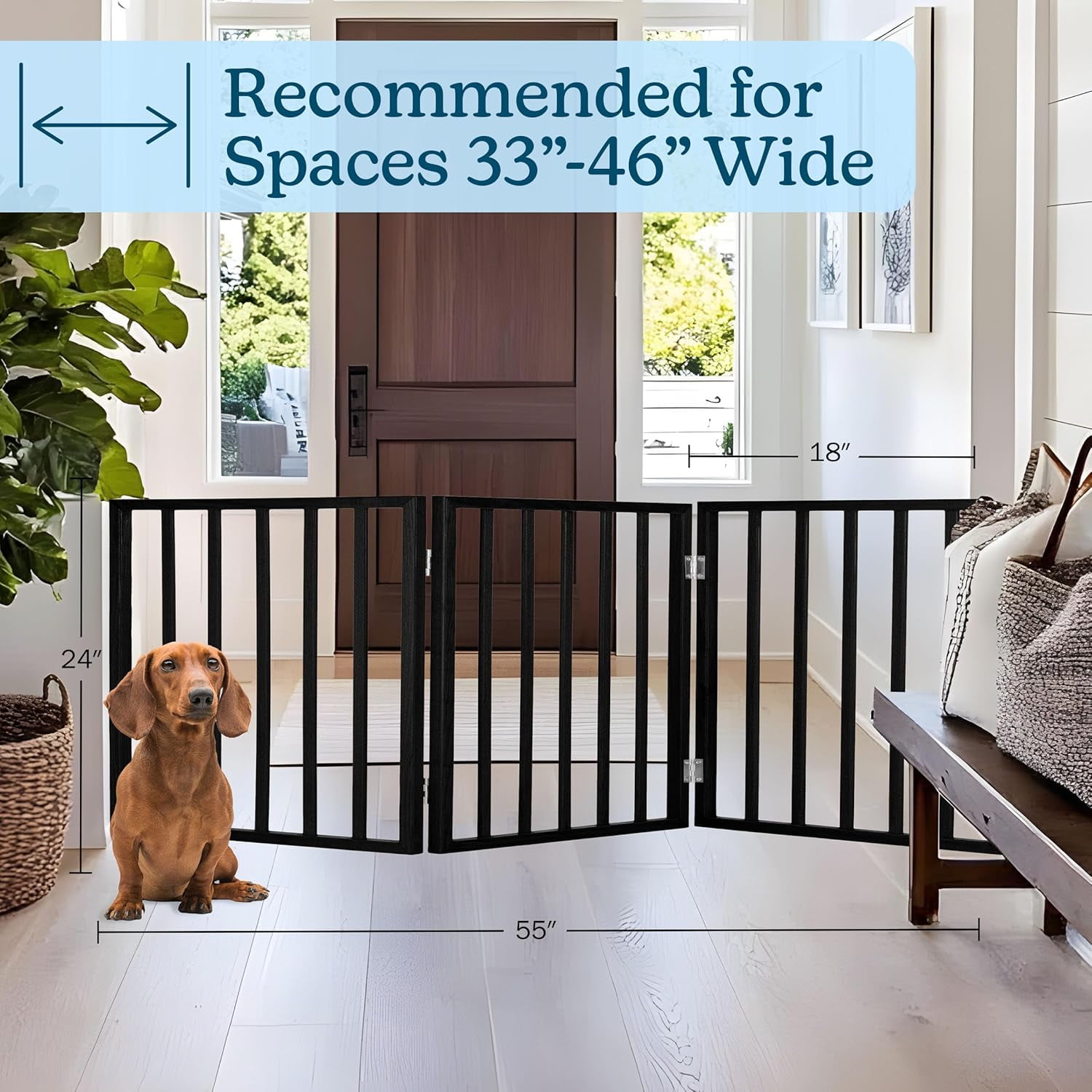 Foldable Indoor Dog Gate with 4 Panels for Stairs, Hallways, or Doorways - 72x24-Inch Retractable Wood Freestanding Pet Barrier (Gray)