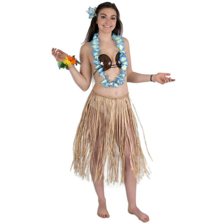 Deluxe Hawaiian Luau Womens Coconut Bra Raffia Skirt 5pc Hula
