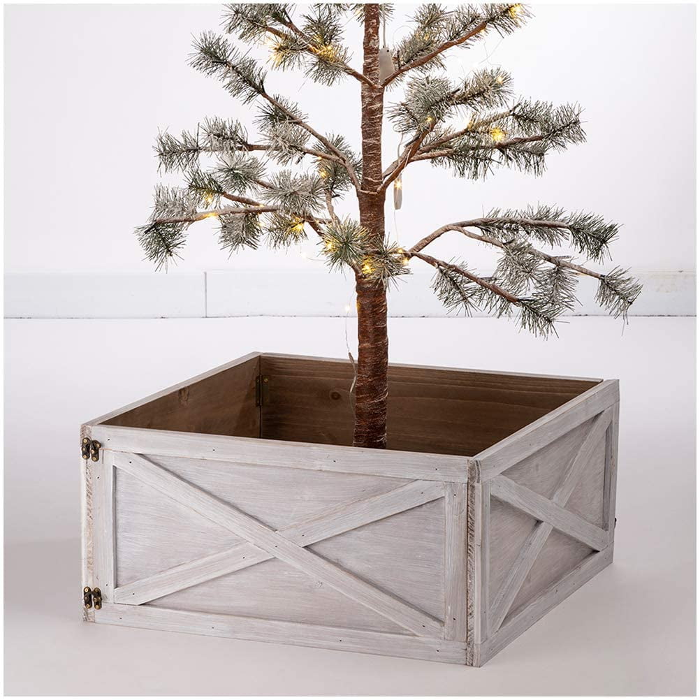 Glitzhome 22-inch wooden christmas tree collar box Lzotusxi Washed White Wooden Tree Collar Tree Stand Cover Christmas Tree Skirt Tree Box, 22" L