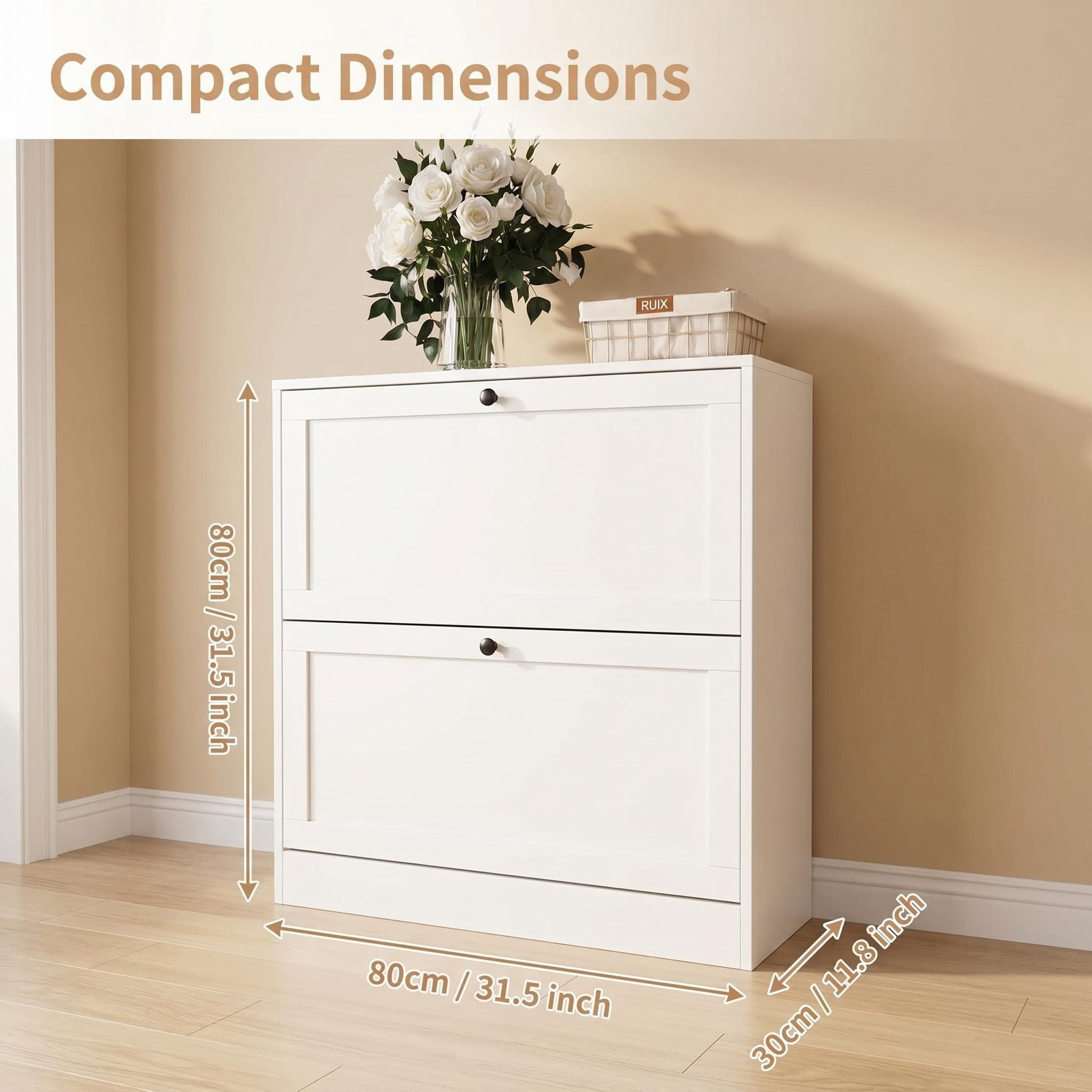 2-Tier Flip Drawer Shoe Storage Cabinet, Slim Space Saving White Shoe Organizer with Anti-Tipping Kit Vent Holes for Entryway Hallway Apartment, Holds 12-15 Pairs