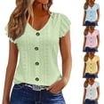 thumbnail image 2 of ShiShine Womens Summer Shirts Eyelet Striped Ruffle Short Sleeve V Neck Button Front Fitted Blouse Casual Tops, 2 of 4
