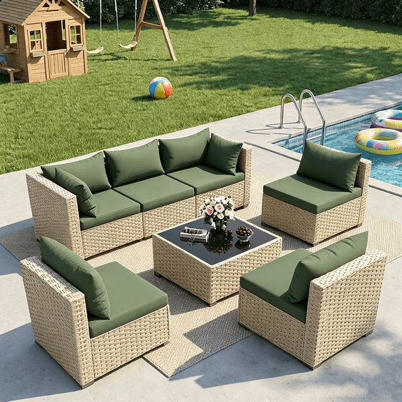 POTEBAN 7 Pieces Outdoor Patio Furniture Set, Grey Rattan Wicker Outdoor Conversation Sectional Sofa Set with Cushions for Backyard, Green