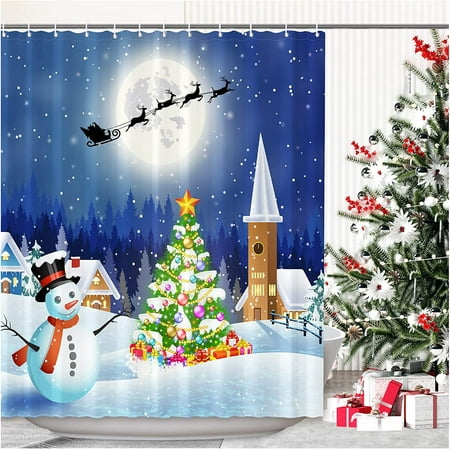 Newhomestyle Christmas Shower Curtain with Winter Snowman for Holiday Bathroom Decor,Snowman Moon with Xmas Tree Polyester Waterproof Durable Fabric Shower Curtain with Hooks,72X72 Inches