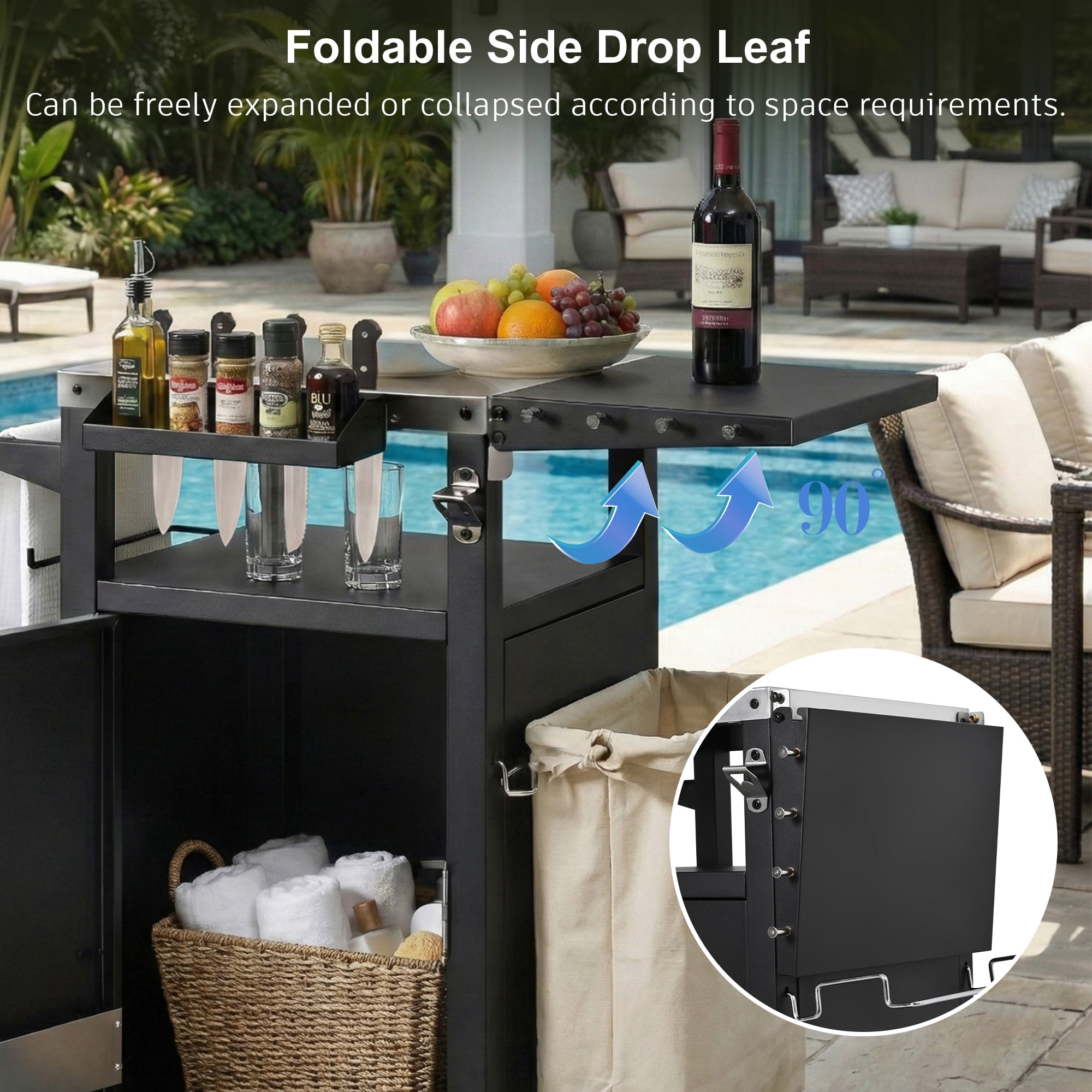 Aukfa 34" Outdoor Grill Cart with Weatherproof Cover, Compact Stainless Steel BBQ Table with Foldable Side Shelf, Black