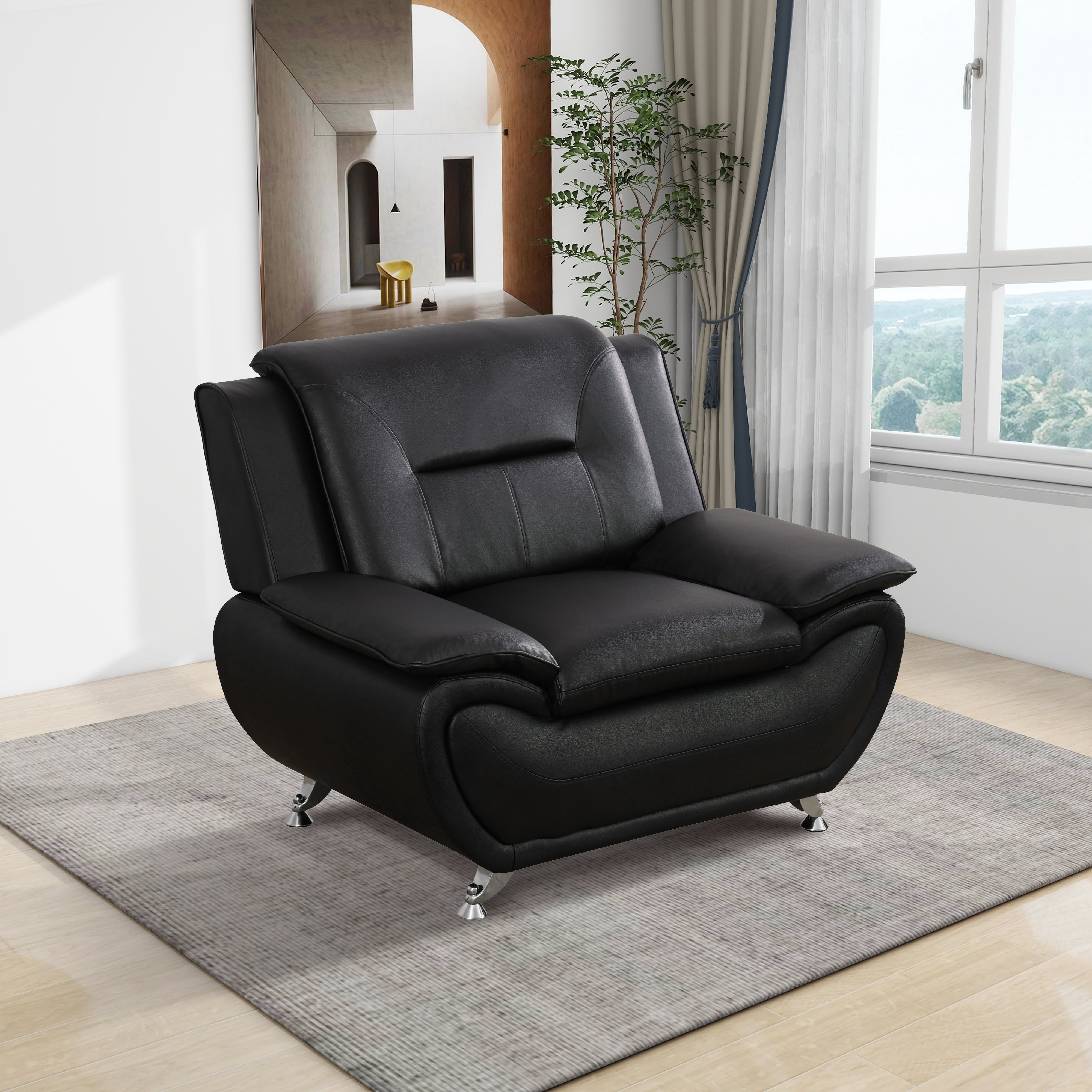 Gewnee Single Sofa, 46" Sofa Chair,Breathable Faux Leather Upholstery, Solid Wood Frame Living Room Lounge Accent Chair ，Black