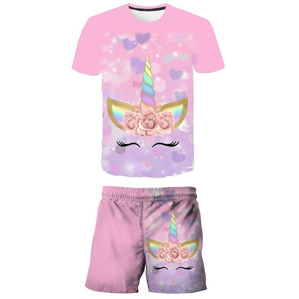 Conjuntos de unicornio de verano para niños y niñas, chándal de dibujos animados para niños, camisetas de manga corta, conjuntos deportivos para niños, 2 uds, conjuntos bonitos, ropa 6T Gao Jinjia LED