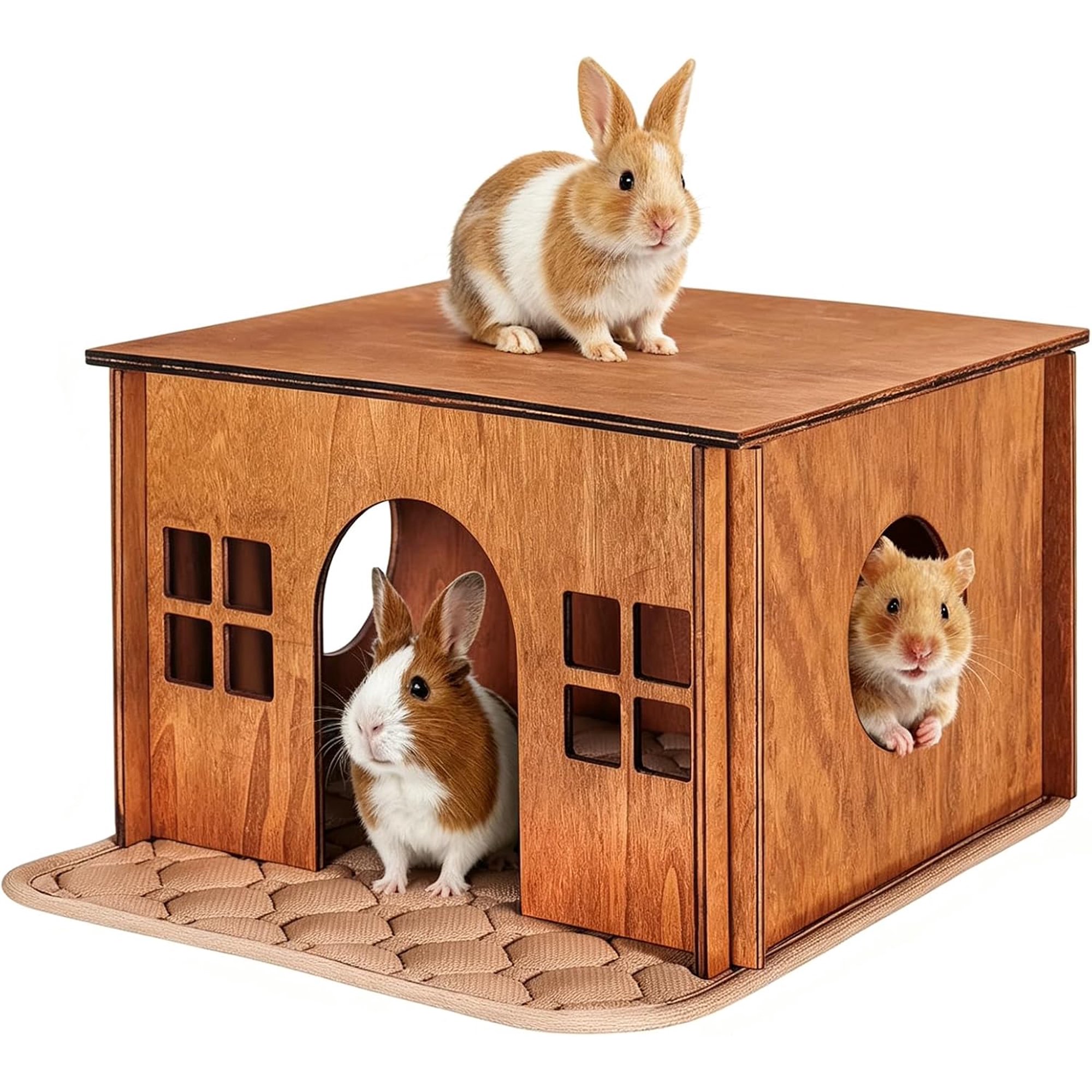 Large Wood Guinea Pig Hideout with Windows,Hamster House Hideout,Small Animals Pets Houses Hideouts,Suitable for Chinchilla,Hamsters and Small Rabbit Habitats Hamster Hut Guinea Pig Hide Brown
