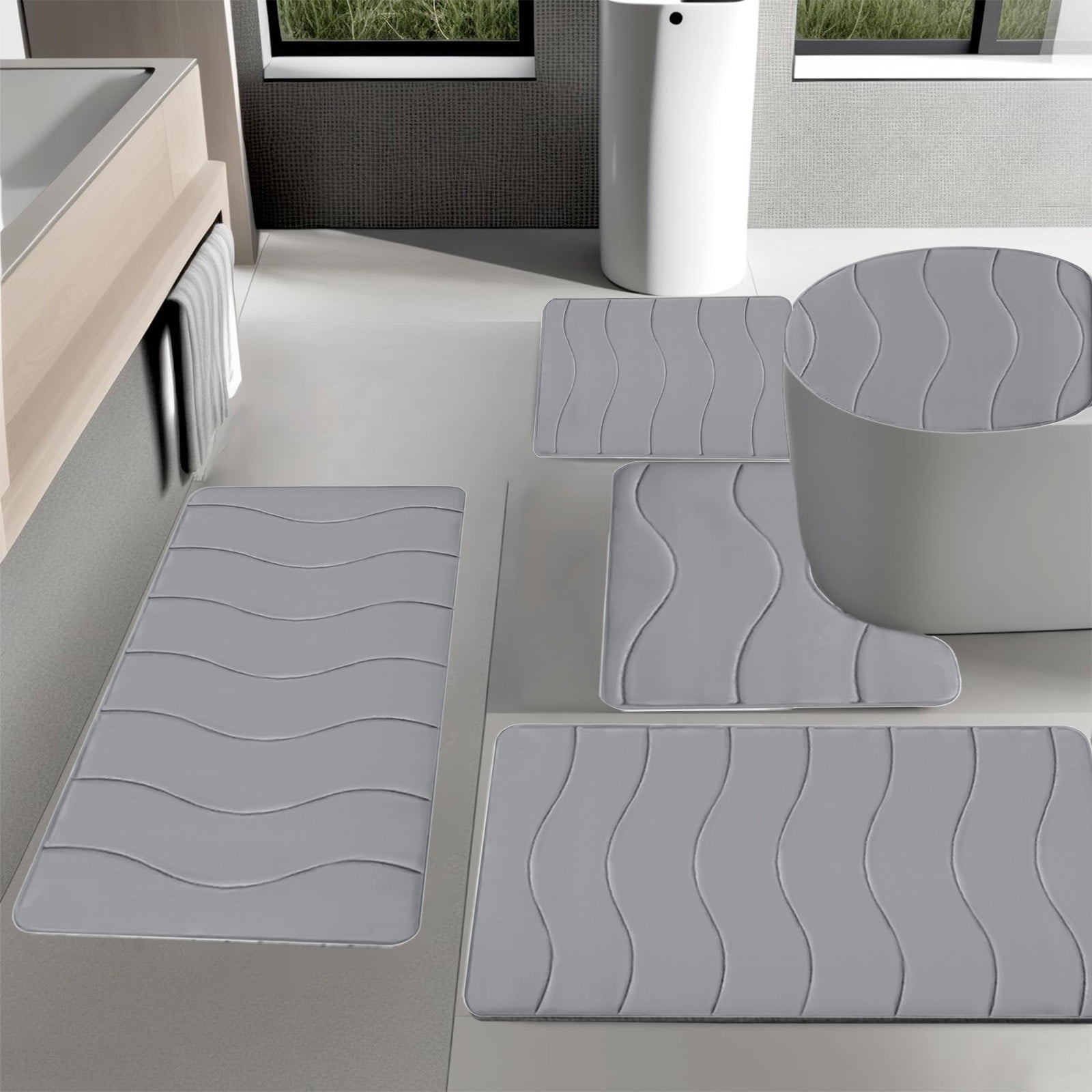 Outoloxit Bathroom Rugs Sets 3 Piece, Foam Bath Mat 5 Set Bathroom Rugs for 5 Pcs Toilet Mats Universal Soft Comfortable Water Absorption Non-Slip Thick Machine Washable Easier to Dry Dark