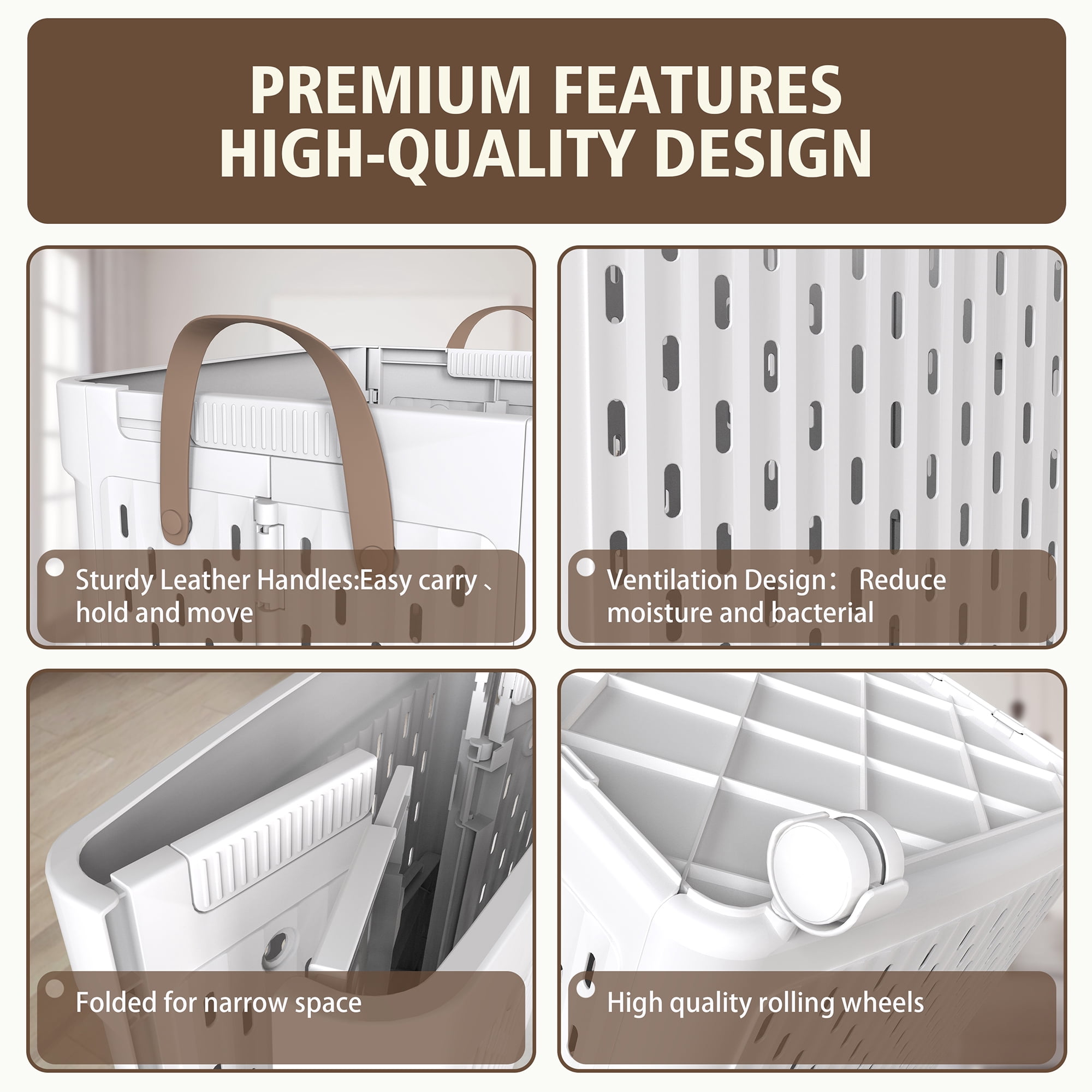 SEESPRING 1 Bushel Laundry Basket with Wheels Foldable Rolling Slim Laundry Basket Waterproof,Tall Thin Plastic Dirty Clothes Laundry Hamper