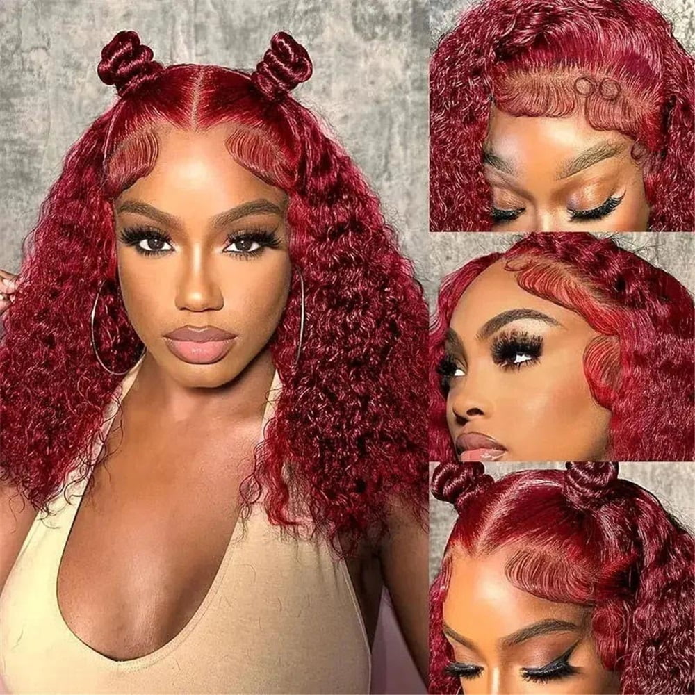 99J Burgundy Short Wigs Human Hair 180 Density 4x4 Transparent Lace Front Wig