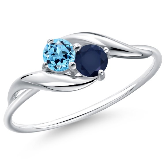 Gem Stone King 10K White Gold Round Swiss Blue Topaz and Blue Sapphire Ring for Women (0.42 Cttw, Round 3.5MM, Gemstone November Birthstone, Size 9)