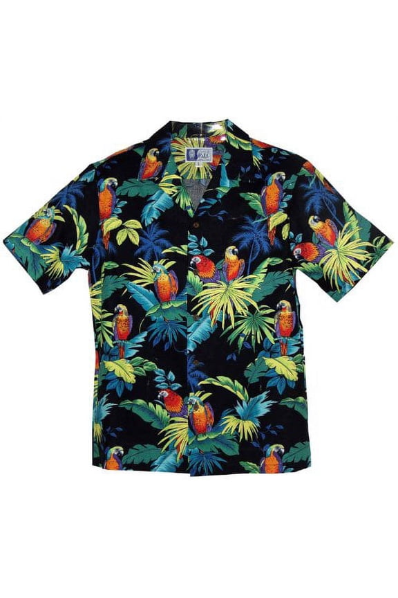 5X Big Mens Jungle Parrots Hawaiian Shirt BLACK