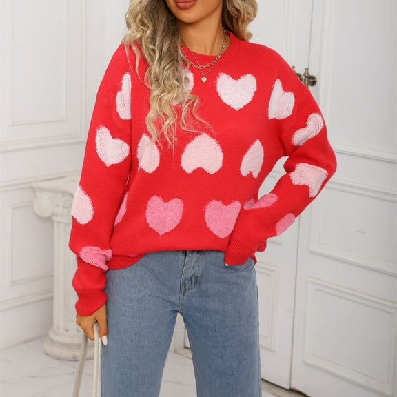 GUZOM Sweaters Womens Red Heart Pattern Acrylic Sweater - Loose Fit Long Sleeve Round Neck, Warm Casual Autumn Winter Wear (S-XL),Size S